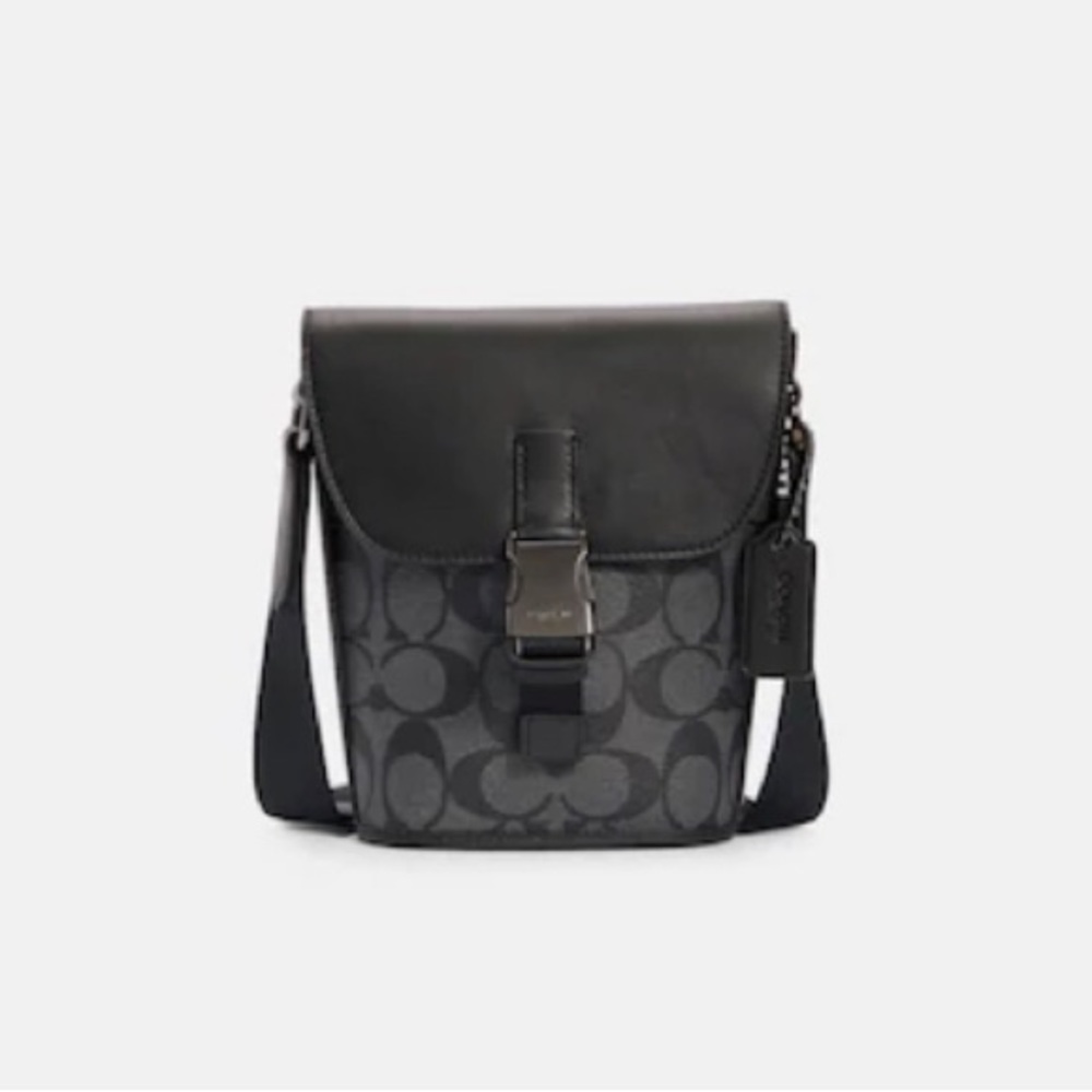 NEW! Coach Track Small Flap Crossbody In Signature Canvas. Gunmetal/Charcoal